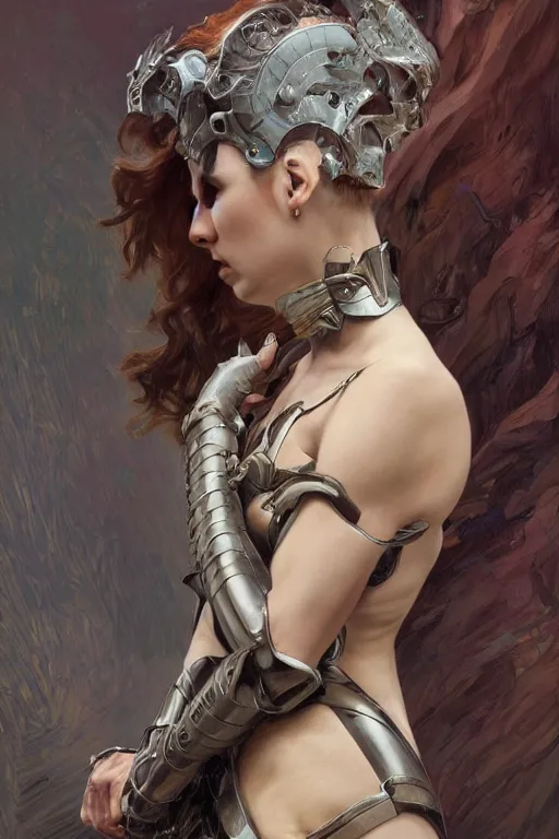 Image similar to > professional portrait of female biomechanic famous actress in pose , armor elements , long dark hair, beautiful bone structure, symmetrical facial features, intricate, elegant, digital painting, concept art, smooth, sharp focus, illustration, by Ruan Jia and Mandy Jurgens , and mucha, and Artgerm and William-Adolphe Bouguerea