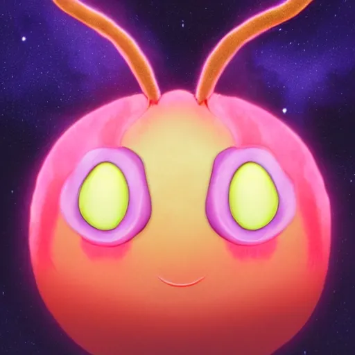 Image similar to an alien with a face that looks like a fuzzy peach the peach is fuzzy pink warm and ripe the alien has horns and a mean smile, 4k, highly detailed, high quality, amazing, high particle effects, glowing, majestic