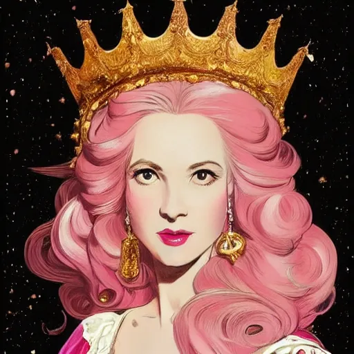 Prompt: the painted portrait of beautiful princess with long blond hair and a golden crown circled by diamonds in a wonderful pink dress over a cloudy black background by Leyendecker, Moocha, and Rebecca Guay, trending on artstation