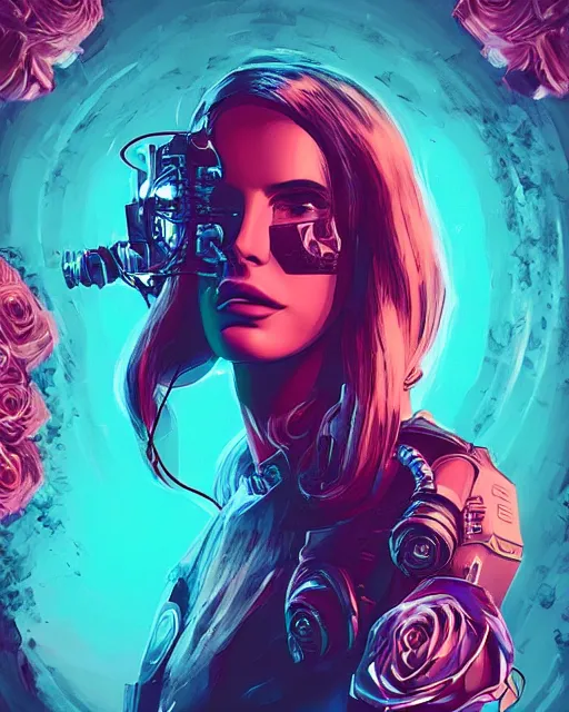 Image similar to portrait of lana del rey as a cyberpunk cyborg. sci - fi intricate abstract upper body intricate artwork, roses, rose petals by tooth wu, wlop, beeple, dan mumford. concept art, octane render, trending on artstation, greg rutkowski, asymmetrical, cinematic arthouse, key art, hyper realism, iridescent accents