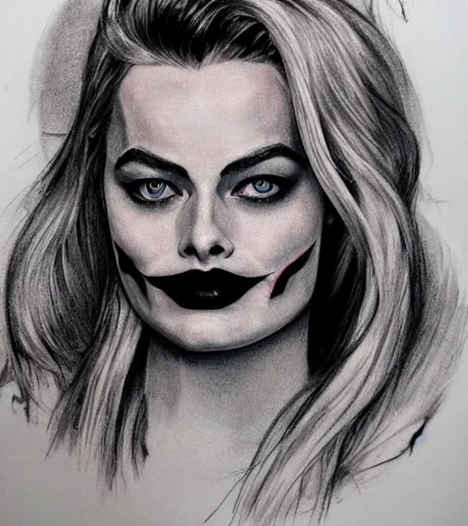 Image similar to tattoo design sketch of beautiful margot robbie portrait with joker makeup, in the style of den yakovlev, realistic face, black and white, realism tattoo, hyper realistic, highly detailed, award winning drawing