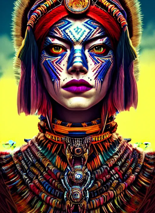 Prompt: portrait of emma stone, hyper detailed ultra sharp aztec shaman warrior. trending on artstation, warpaint aesthetic, bloodwave, colorful, psychedelic, ornate, intricate, digital painting, concept art, smooth, sharp focus, illustration, art by artgerm and greg rutkowski and h. r. giger, 8 k
