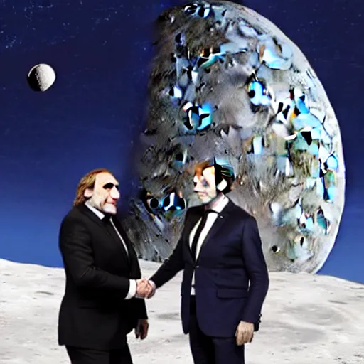 Prompt: gerard depardieu and emmanuel macron land on the moon as astronauts