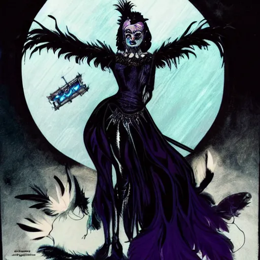 Image similar to Anna Pavlova as dark angel feathered gothic atompunk evil Disney villain queen with black feather hair, feathers growing out of skin, in front of space station window, Mike mignola, david mack, highly detailed, trending on artstation, comic book cover, illustration