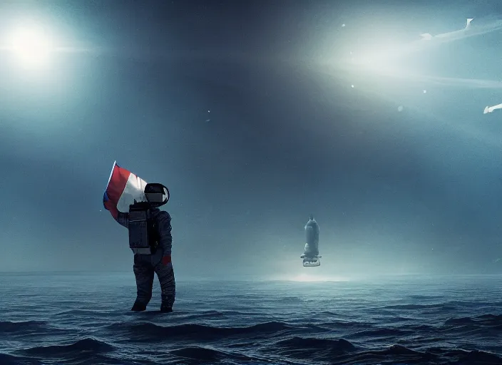 Image similar to astronaut holding a flag in an underwater desert. a submarine is visible in the distance. dark, concept art, cinematic, dramatic, atmospheric, 8 k, trending on artstation, blue, fish, low visibility, fog, ocean floor, christopher nolan, interstellar