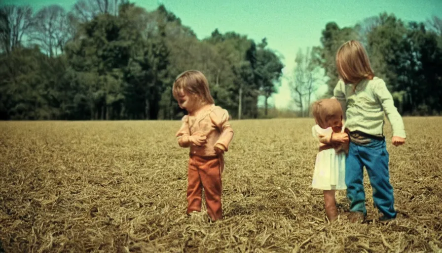 Image similar to 7 0 s film still from a horror movie about evil babies on a farm, kodachrome, cinecolor, cinestill, film grain, film texture, retro, cinematic, high resolution, photorealism,