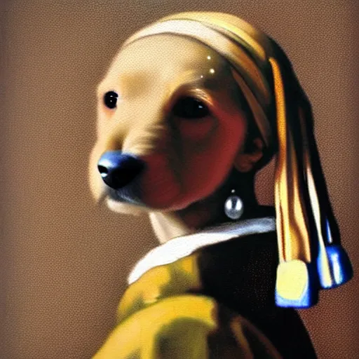 Prompt: painting of a mini goldendoodle puppy, posed in the style of johannes vermeer girl with a pearl earring painting, hyperrealistic, moody lighting