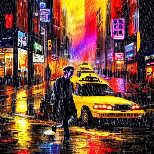 Image similar to « a man walking in a night raining streets, new york, big city, taxi, cars, shops one the side with neons, digital art, highly detailed »