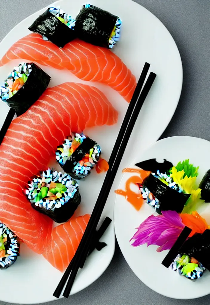 Image similar to extreme closeup of a single plate of sushi, hyper minimalist geometric 9 0 s graphic design in the style of buro destrukt and die gestalten verlag