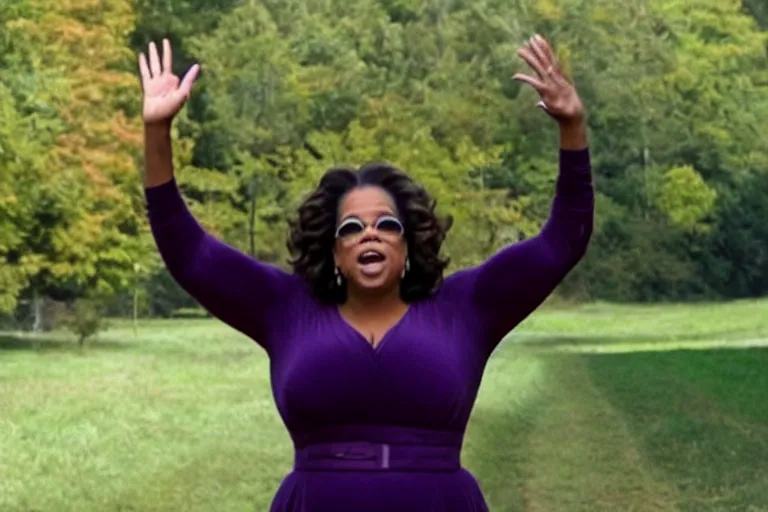 Prompt: oprah with hands in air shouting screaming running marathon