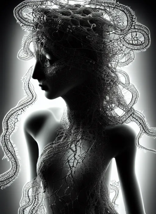 Image similar to surreal mythical dreamy dark artistic black and white fine art photo of a beautiful young female medusa - cyborg covered with translucent algae, highly detailed, intricate crystal ivy jelly fish scales ornate, lace web, poetic, octane render, 8 k, photo - realistic, by man ray