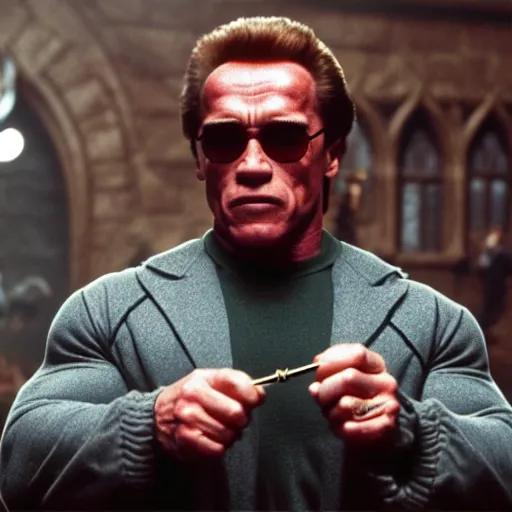 Prompt: Arnold Schwarzenegger as Harry Potter, holding wand, glasses, 4k movie screen capture, high detail