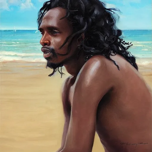 Image similar to beautiful portrait of a somali man, with long curly black hair, relaxing on the beach, by wang ling wlop