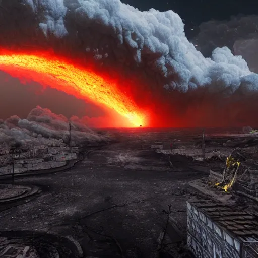 Image similar to moon crash into earth, armageddon, ruined city, realistic, burning sky, volcanic eruption, epic scale, dramatic lighting, 8k, post processing, trending on artstation, environment highly detailed