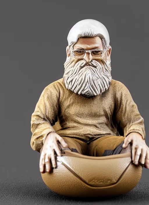 Prompt: 80mm resin detailed miniature of a bearded man, short hair, sitting on a football, pouting, Product Introduction Photos, 4K, Full body,