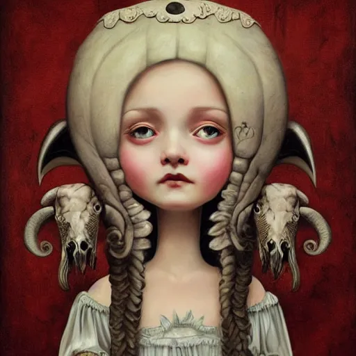 Prompt: a cute victorian girl with ram skull, illustration, 8 k, by roby dwi antono, by mark ryden