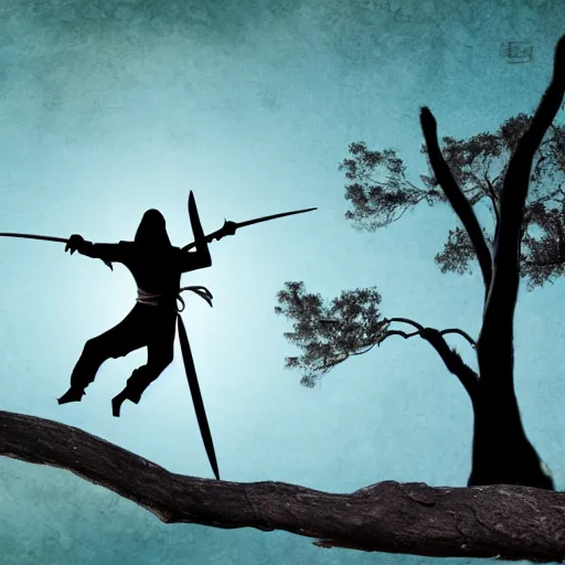 Prompt: a ninja with sword standing on a tree practicing, realistic