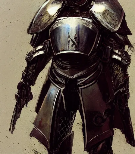 Image similar to Knights Templar wearing sci-fi destiny video game armor concept art, muted colors, intricate painting, by John Harris, Emil Melmoth, Craig Mullins, yoji shinkawa, artstation, moebius comic, Marc Simonetti, lan McQue, Kentaro, Miura, hyper detailed, cinematic