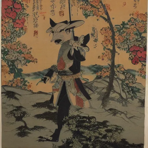 Image similar to samurai fox with a katana. sakura forest in the background. old japanese painting. fresco