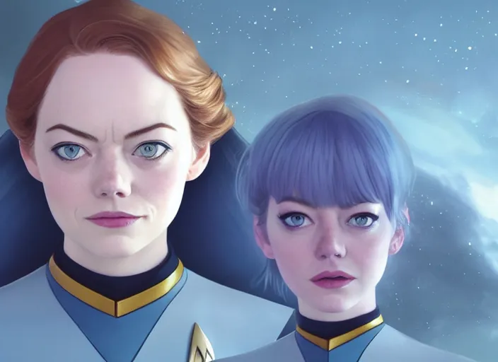 Image similar to a disney film still of emma stone as a star trek officer, finely detailed features, closeup of the face, perfect art, dusk, blue hour, gapmoe yandere grimdark, trending on pixiv fanbox, painted by greg rutkowski, makoto shinkai, takashi takeuchi, alphonse mucha, akihiko yoshida