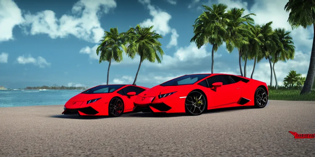 Prompt: red Lamborghini huracan!, unreal engine 5!, hyperrealistic!, cinema 4D!, dynamic lighting! Beach! Tropical paradise!, cinematic landscape!, studio landscape! Amazing ultra quality! Substance painter!