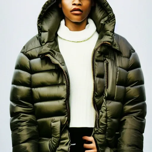 Image similar to realistic! photoshoot for a new balenciaga lookbook, color film photography, portrait of a beautiful woman wearing a puffer jacket, photo in style of tyler mitchell, 35mm