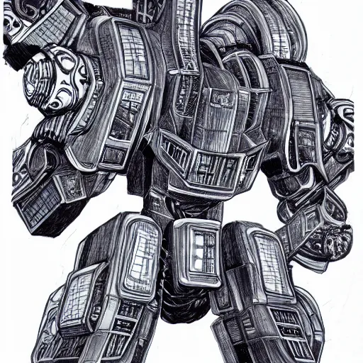 Image similar to an intricate ballpoint drawing of a giant anime robot with rounded and cicular parts