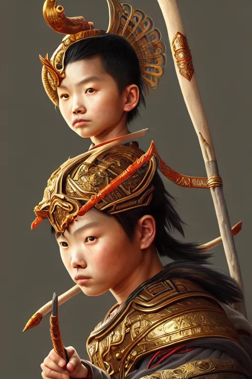 Image similar to a masterpiece portrait of nezha, highly detailed, boy hold spear, chinese fantasy, highly detailed, digital painting, trending on artstation, concept art, sharp focus, illustration, global illumination, ray tracing, realistic shaded, art by artgerm and greg rutkowski and fuji choko and viktoria gavrilenko and hoang lap