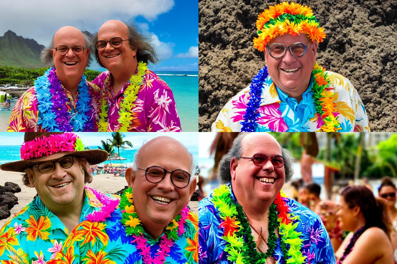 Prompt: a colorful vibrant candid vacation photo of benjamin franklin smiling in hawaii wearing a lei and an aloha shirt hawaiian mauna loa in background