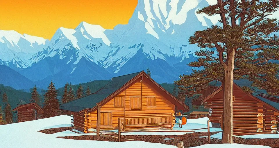 Prompt: log cabin beneath the alps, lofi art style, hiroshi nagai