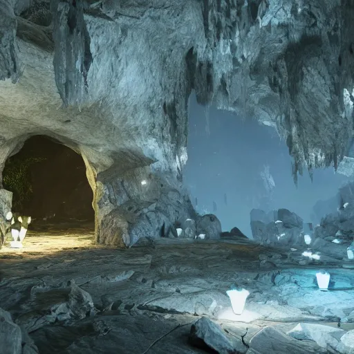 Image similar to overgrown cave made of white paper, crystal lighting, mystical, hyperrealistic, 4 k, unreal engine, highly detailed, dramatic lighting, magical,