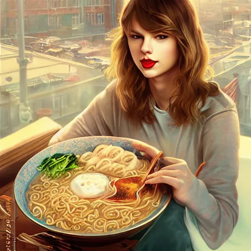 Image similar to taylor swift as a college student, eating ramen, bokeh, beautiful face!!!!, 2 7 years old, cg animation, lifelike, animated, realistic, character select portrait, by artgerm, greg rutkowski, alphonse mucha, anne liebovitz, 3 d