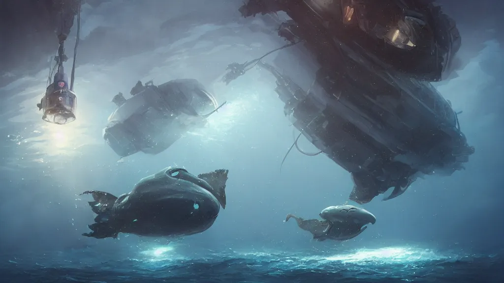 Image similar to a photorealistic hyperrealistic underwater render of a deep sea submersible with bright headlights attacked by a giant squid by greg rutkowski, james paick, wlop, nicolas bouvier sparth, stephan martiniere, dramatic moody lighting, underwater caustics, volumetric, light rays, cinematic atmosphere, octane render, artstation, 8 k