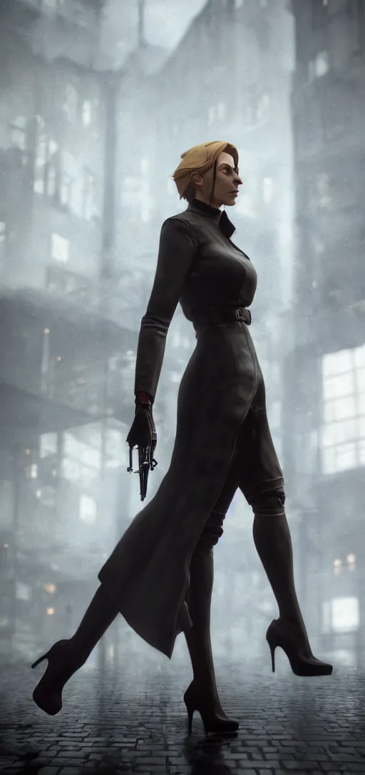 Prompt: portrait shot of beautiful annie leonhart on high heels in dunwall city, redshift render, beautiful face, detailed face, cinematic lighting, rainy weather, melancholy atmosphere, volumetric light, octane render, dishonored 1, gothic architecture, realistic reflections, octane render 8 k