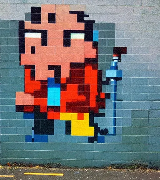 Image similar to street art looking like retro videogames from the 8 0 s, pixelized