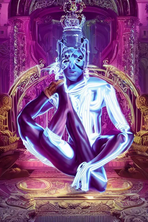 Prompt: full-body rococo and cyberpunk style neon statue of a muscular attractive Zayn Malik sim roupa macho dotado e rico android sim roupa reclining con las piernas abiertas e la piroca dura e afuera, glowing white laser eyes, prince crown of red gears, diamonds, swirling black-colored silk fabric. futuristic elements. full-length view. space robots. alien skulls. intricate artwork by caravaggio. Trending on artstation, octane render, cinematic lighting from the right, hyper realism, octane render, 8k, depth of field, 3D