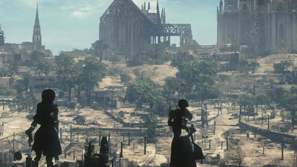 Prompt: Screenshot from Nier Automata in Marseille. In the background there is Notre-Dame de la Garde