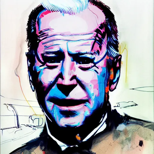 Image similar to Joe Biden full body portrait, Techwear, Cyberpunk, painting by Ralph Steadman, Francis Bacon, Hunter S Thompson