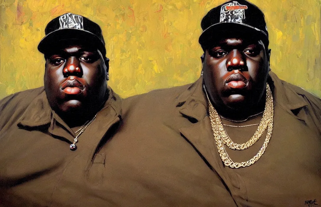 Image similar to portrait of biggie smalls!!!!!!!!!!!!!!!!!!!!!!!!!!!, detailed face, detailed painting,, epic lighting, by ilya repin, phil hale and kent williams