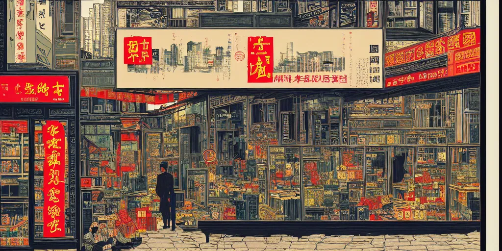 Image similar to a shop window in hong kong, by dan mumford and peter doig and edward hopper, minimal, black ink, thick lines, highly detailed, muted colours, overlaid with chinese adverts, 8 k