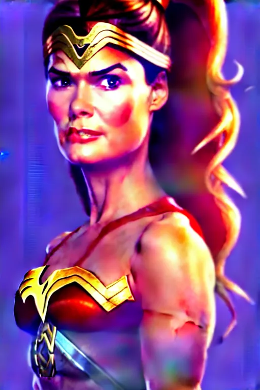 Image similar to portrait of a mix of beautiful young maria shriver, mariel hemmingway, brooke shields and elle macpherson as wonderwoman, thin lips, hair tied up in a pony tail, colorful artstation, cgsociety