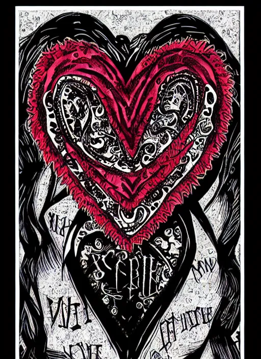 Prompt: goth valentine's day card design, romantic, intricate, hot topic, black bleeding stylized heart