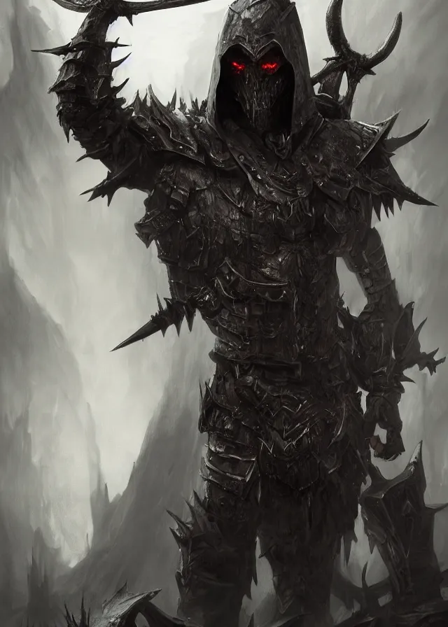 Prompt: a highly detailed matte painting of mysterious evil warrior in dark bone armor with antlerlike spikes, ominous, foreboding, moody, hd, concept art, artstation, deviantart,