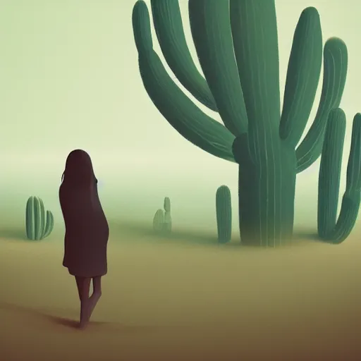 Image similar to a smal sobing sad black siluet of a person, centered by Cyril Rolando, a dystopian desert with somber Cacti, sandy colours, sandy green, sandy, sandy beige, trending on DeviantArt, desolated, dark, 8k resolution, rendered in zbrush