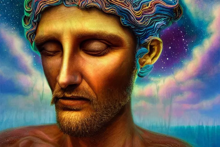 Image similar to surreal Portrait of The God who made the world and everything in it who is the Lord of heaven and earth and does not live in temples built by hands in dmt chromatic surreal liquid enviroment , elegant, highly detailed, smooth, photoreal, sharp focus, illustration, beautiful, geometric, dmt trending on artstation, cinematic, artwork by WLOP