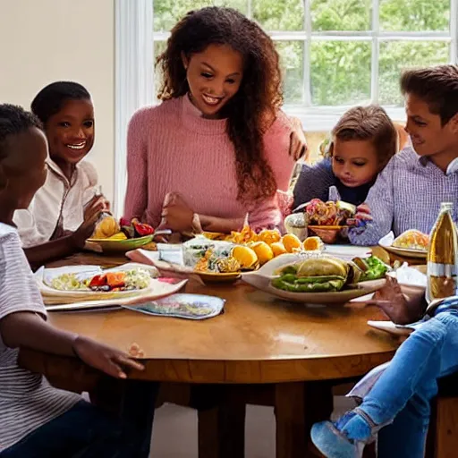 Image similar to an image of a large traditional family sitting around the table for dinner but one of the kids is floating above the table.