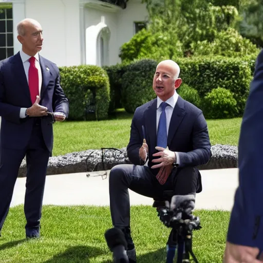 Image similar to Jeff Bezos as the president of the United States speaking with reporters on the what house lawn