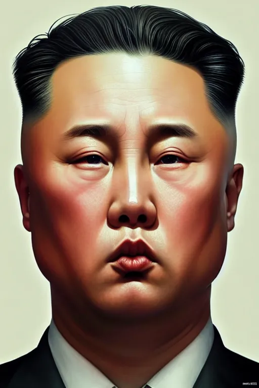 Image similar to putin with kim jong un hairstyle, realistic portrait, symmetrical, highly detailed, digital painting, artstation, concept art, smooth, sharp focus, illustration, cinematic lighting, art by artgerm and greg rutkowski and alphonse mucha