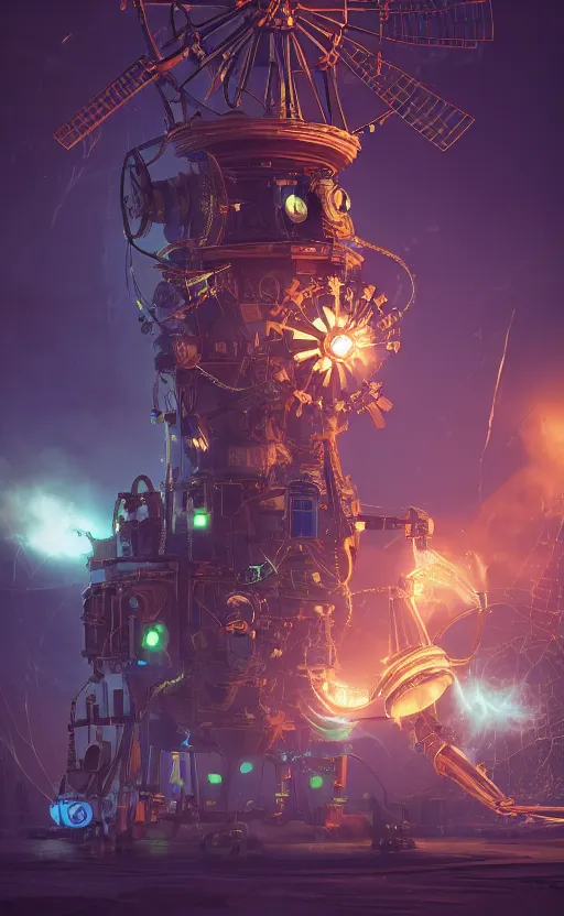 Image similar to a steampunk windmill spinning fast, robot, blue fire, ash, electricity lightning, soft, concept art, sharp focus, intricate details, highly detailed, photorealistic, disney pixar, octane render, iridescent, anime, 8 k