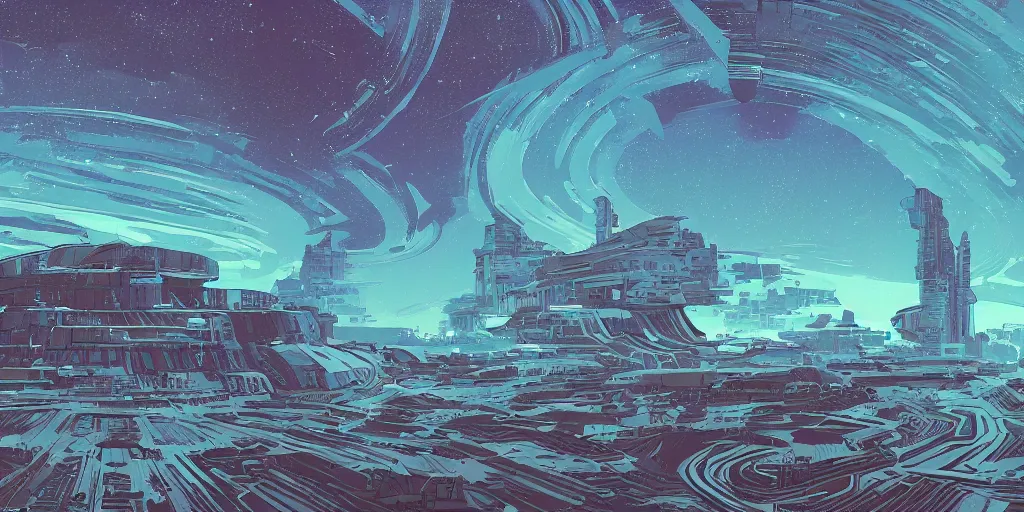 Image similar to concept art of an epic spiral galaxy in style of dan mumford and laurie greasley by james gilleard, very detailed, clean lines, atmospheric, vivid, wide angle